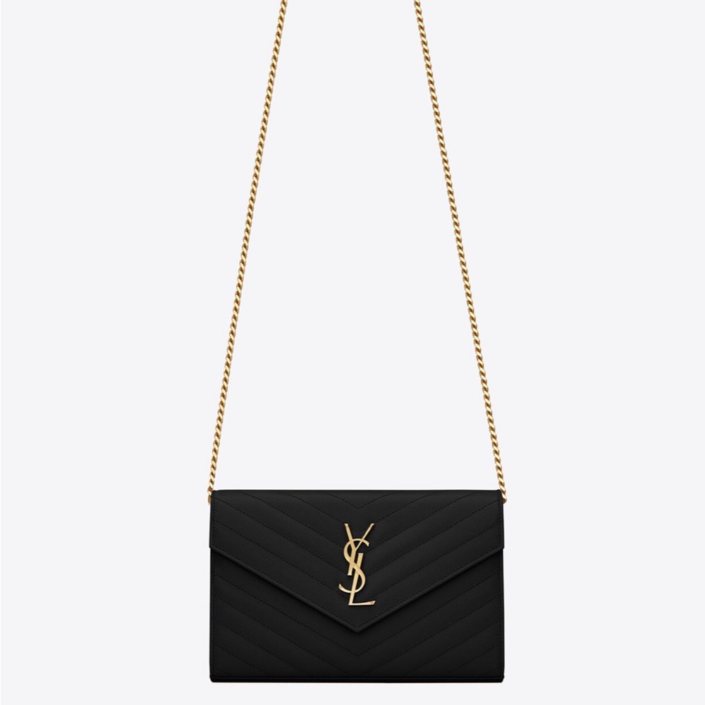 YSL CASSANDRE MATELASSÉ CHAIN WALLET IN GRAIN DE POUDRE EMBOSSED LEATHER